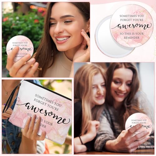 15 Sets Pink Thank You Gifts for Women, Inspirational Gifts Bulk for Female Client Teacher Employee Coworker, Sometimes You Forget You're Awesome Makeup Bags and Compact Mirrors for Party