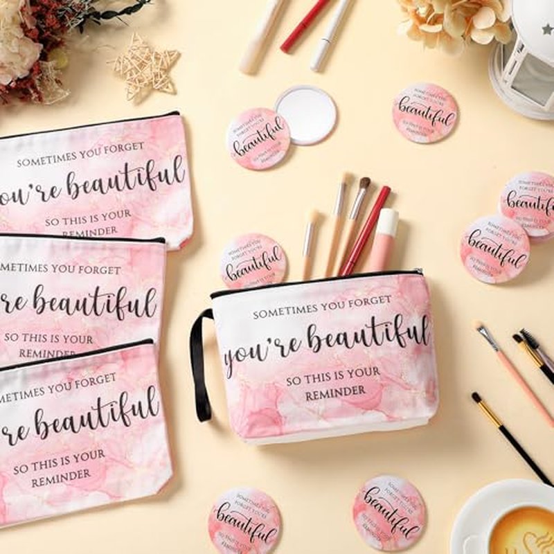 20 Sets Pink Thank You Gifts for Women, Inspirational Gifts Bulk for Female Client Teacher Employee Coworker, Sometimes You Forget You're Beautiful Makeup Bags and Compact Mirrors for Party