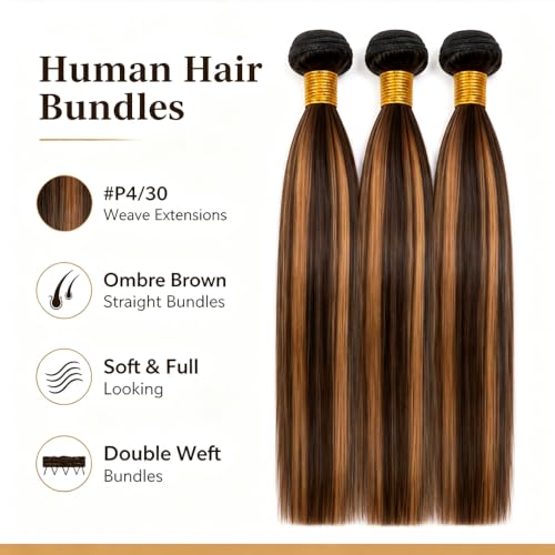 Brown P4/30 Ombre Human Hair Bundles - 12, 14, 16 Inch, Double Weft, Full & Silky