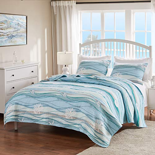 Greenland Home Maui Coastal Quilt Set Full/Queen Blue Embroidered Beach Design
