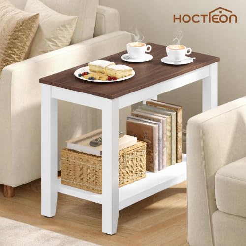 Hoctieon 2-Tier Wooden End Table Set of 2 White + Walnut Compact Nightstands for Small Spaces