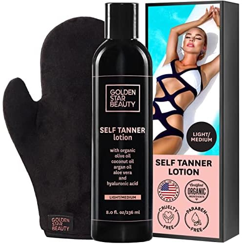 Self Tanner with Tanning Mitt - Sunless Tanning Lotion w/Hyaluronic Acid & Organic Oils Gradual Body Bronzer for Light or Medium Tan 8.0 fl.oz ¡¦