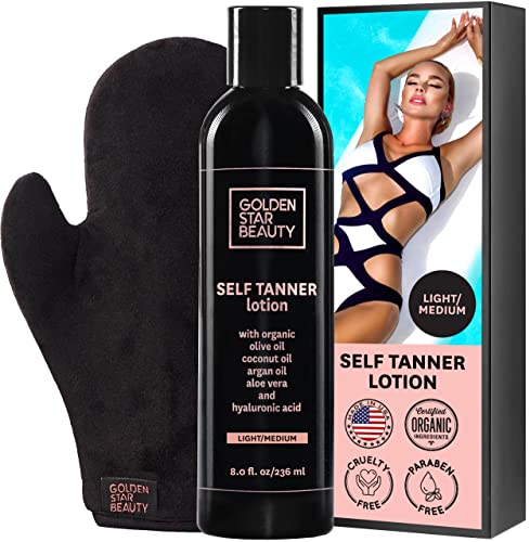 Self Tanner with Tanning Mitt - Organic Sunless Lotion for Light/Medium Tan 8oz