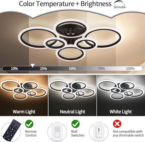 Shine LUEST Black 6 Rings LED Ceiling Light Fixture with Remote Dimmable
