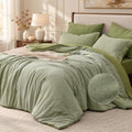Queen Sage Green Comforter Set 7 Pieces - Linen Texture Bed in a Bag