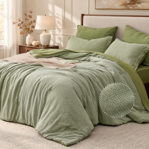 Queen Sage Green Comforter Set 7 Pieces - Linen Texture Bed in a Bag