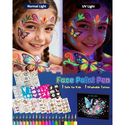 Temporary Tattoo Markers for Skin, 20 Pcs Dual-Tip UV & Matte & Glitter Tattoo Pens, Skin-Safe Body Markers with Tattoo Stencils & Stickers, Washable Glow in the Dark Markers for Kids Teens