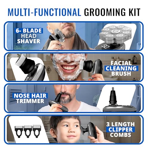 Head Shavers for Bald Men 6 in 1 - Head Shaver Kit Wet/Dry Multidirectional Floating of 9D Knife Rechargeable Head Bald Shavers for Men Wire USB + Manual