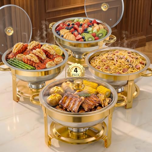 Gold 4-Pack 5QT Chafing Dishes for Buffet with Installation-Free Stands