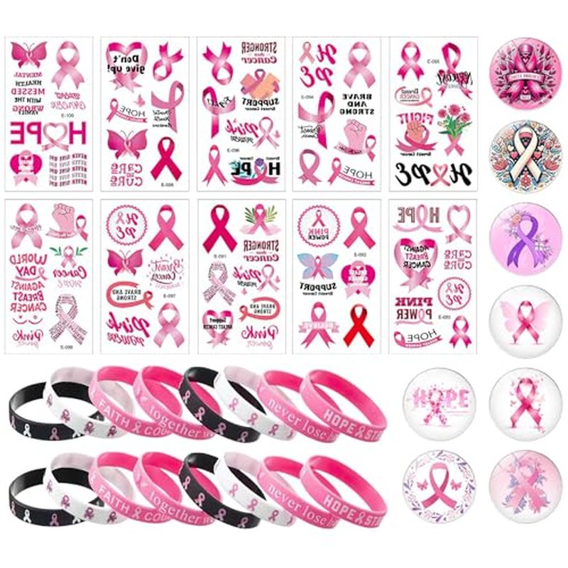 36 Pcs Breast Cancer Awareness Items Bulk, Pink Breast Cancer Awareness Accessories Decorations Include Breast Cancer Bracelets, Pins Buttons, Temporary Tattoo Stickers