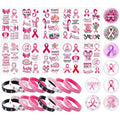 36 Pcs Breast Cancer Awareness Items Bulk, Pink Breast Cancer Awareness Accessories Decorations Include Breast Cancer Bracelets, Pins Buttons, Temporary Tattoo Stickers