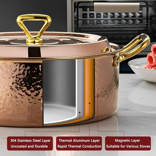 6.7QT Copper Rose Gold Hammered Stock Pot with Lid - Tri-Ply Stainless Steel, Dishwasher & Oven Safe