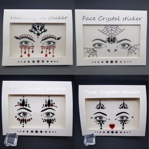 4 Pieces Face Gems Jewels Tattoos for Halloween, Day of the Dead Glitter Skull Spider Web Clown Crystals Rhinestones Makeup Stickers for Women Halloween Festival Rave Party Outfit