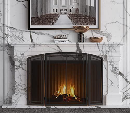 FireBeauty 3‑Panel Wrought Iron Fireplace Screen 48x30 Inch Black Guard