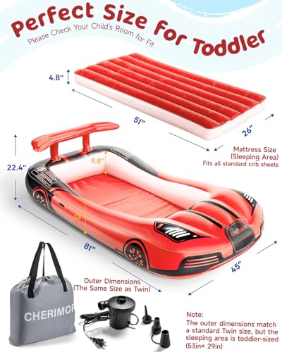 Red Inflatable Toddler Travel Bed with Safety Bumpers & Auto Pump