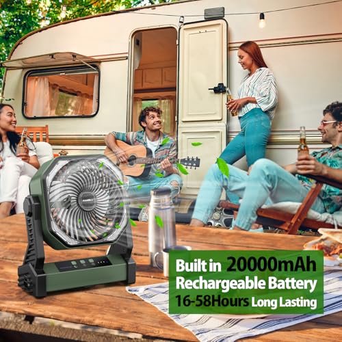 Green 20000mAh Rechargeable Camping Fan with 400LM Light & 360° Hook