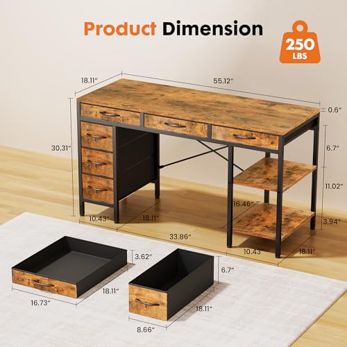 Sweetcrispy Rustic Brown 55-Inch Computer Desk with 6 Fabric Drawers & Adjustable Shelves