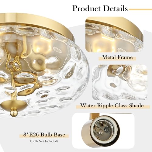 Large Gold Flush Mount Ceiling Light with Water Ripple Glass Shade, 13.38 Inch