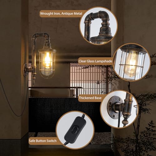 2 Pack Industrial Plug-in Wall Sconces with E26 LED Bulbs, Rustic Metal Design