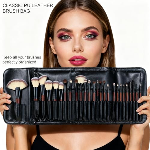 Makeup Brushes Set with 2 PU-Leather Bags - 26 Pieces, Red - Brushes and Bags