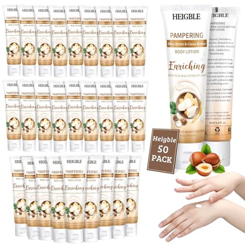50 Pack Travel Size Body Lotion 1 oz Shea Butter Cocoa Butter Body Lotion Dry Skin Moisturizer with Flip Cap for Extra Dry Skin, Inns, Hotels Resorts, Airlines, Offices, Gyms and More