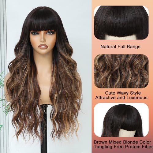 26 Inch Brown Highlights Blonde Wavy Wig with Bangs - Synthetic, Heat-Resistant Hairpiece