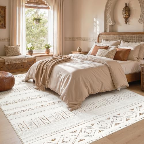 Cotiled Boho 8x10 Area Rug - Washable Moroccan Style with Neutral Light Brown/Cream