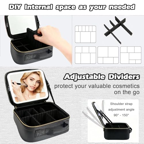 Travel Makeup Bag with Light Up Mirror, Portable Makeup Bag with Led Light Women Waterproof Makeup Travel Case adjustable dividers Rechargeable Vanity Mirror with 3 Color Lights (NO Shoulder Strap)