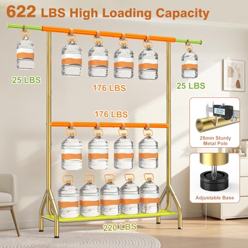 Heavy Duty Gold Clothing Rack with Double Rod & Shelves, 622 lbs Capacity, 82.68 Inch Tall Garment Organizer