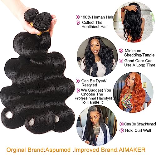 AIMAKER Human Hair Bundles Body Wave 16-20 Inch Black 3 Pack Unprocessed Brazilian Virgin Hair
