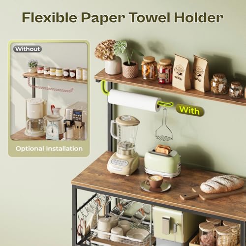 4-Tier Kitchen Storage Rack with Reversible Power Outlet - Rustic Brown, 31.5 Inch Microwave Stand & Coffee Bar