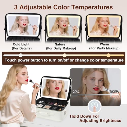 Cream Large Makeup Bag with LED Mirror - Travel Organizer for Artists