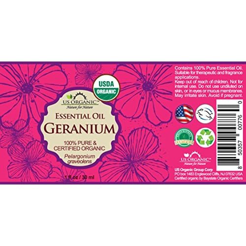 US Organic 100% Pure Geranium Essential Oil - USDA Certified Organic, Steam Distilled - W/Euro droppers (More Size Variations Available) (30 ml / 1 fl oz)