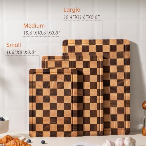 Fyctio 3-Piece Checkered Walnut & Rubber Wood Cutting Board Set with Stand, 17"L x 12"W