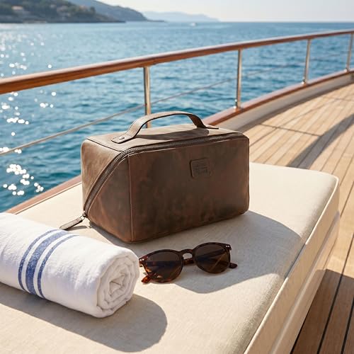 Distressed Brown Full Grain Leather Travel Cosmetic Bag for Women & Men