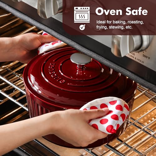 Enamel Cast Iron Dutch Oven Pot with Lid & Cotton Potholders - Burgundy Red, 6.5 Qt