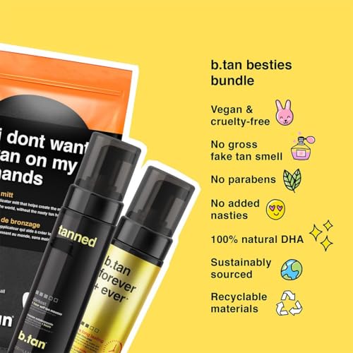 b.tan Dark & Ultra Long Lasting Self Tan Kit | Besties Bundle - Tanning Mousse Duo with Mitt Applicator Glove, 1 Hour Express, Fast Sunless Tanner, Face & Body, No Fake Tan Smell, 6.7 Fl Oz