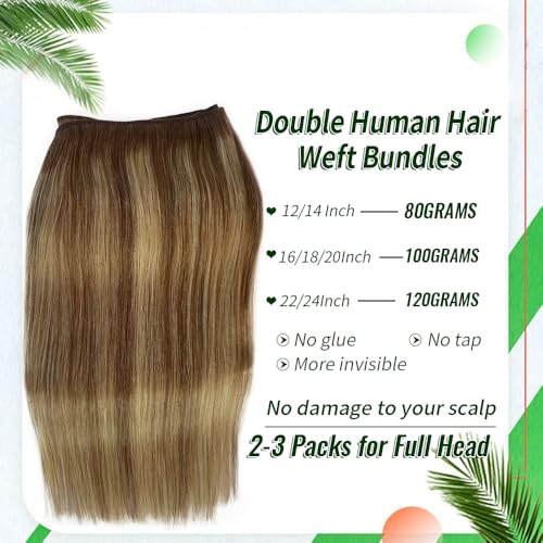 14 Inch Ombré Balayage Hair Extensions Double Weft Human Hair Sew In Bundles - Chestnut Brown to Ash Blonde