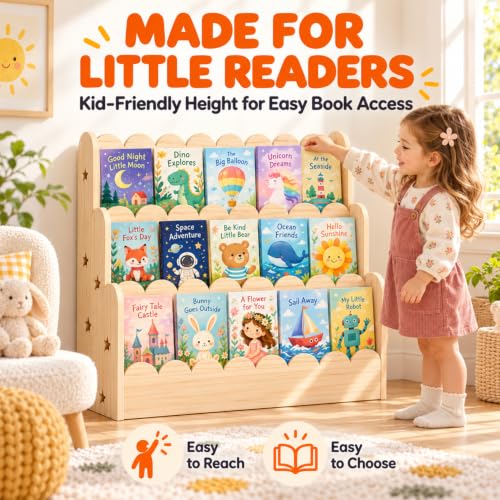 Kids Front-Facing Bookshelf - Montessori Wooden Bookcase for Toddlers