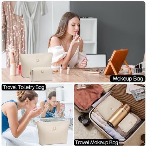 Birthday Gifts for Women Initial Makeup Bag Set Personalized Girl Cosmetic Travel Toiletry Bag Gifts for Bridesmaid Friend Graduation Teachers(Beige,M)