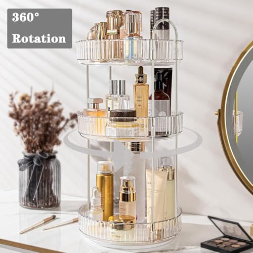 360° Rotating Makeup Organizer with 3 Tiers - Clear Lazy Susan for Vanity & Bathroom