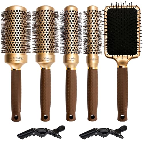 Gold 5-in-1 Ceramic Ionic Round & Paddle Hair Brush Set for Styling & Volume - Includes Section Clips