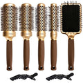Gold 5-in-1 Ceramic Ionic Round & Paddle Hair Brush Set for Styling & Volume - Includes Section Clips