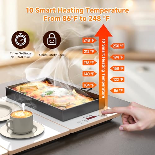 FEPPO 4-in-1 Food Warmers for Parties Buffet - White & Gold Electric Warming Tray with 10 Temp Settings & Timer, 33x15 Inch Glass Surface