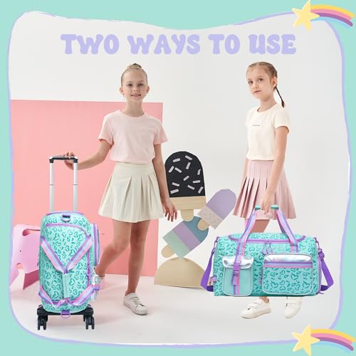Kids Rolling Duffle Bag with Wheels for Girls - Travel Overnight Bag with Makeup and Toiletry Bag - Dance Bag for Women