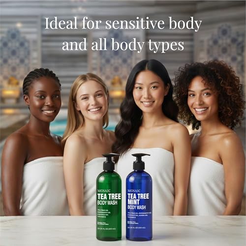 Tea Tree & Mint Body Wash with Vitamin E - Large 20.2 Fl Oz Bottle, Pack of 2 - Sensitive Skin & Antifungal Shower Gel