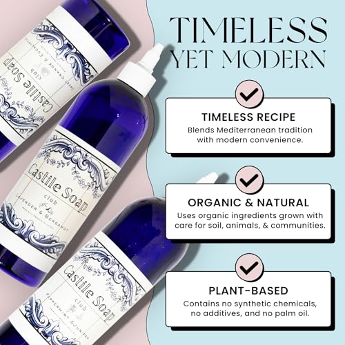 Natural Castile Soap | Organic Liquid Soap | Gentle on Sensitive Skin | Use on Hair, Body, Hands & Home | Vegan, No Palm Oil or Additives (16oz, Lavender & Bergamot)