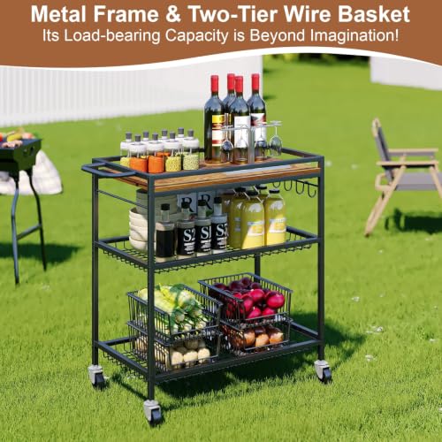 Pkuyres 29.92x17.8x33.46-Inch Heavy-Duty 3-Tier Rolling Kitchen Cart with Adjustable Shelf & Lockable Wheels