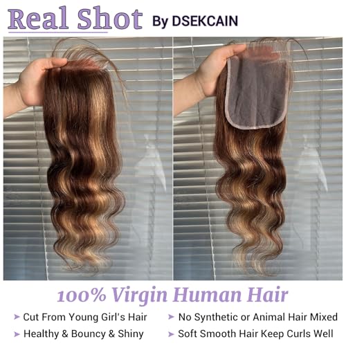 Highlight P4/27 12 Inch Body Wave Lace Closure Human Hair 5x5 Highlight Brown Honey Blonde Piano Color