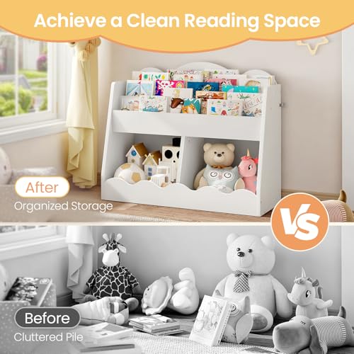 White Cloud Kids Bookshelf and Toy Storage - Toddler Bookcase with 2 Toy Bins, Children's Wooden Organizer